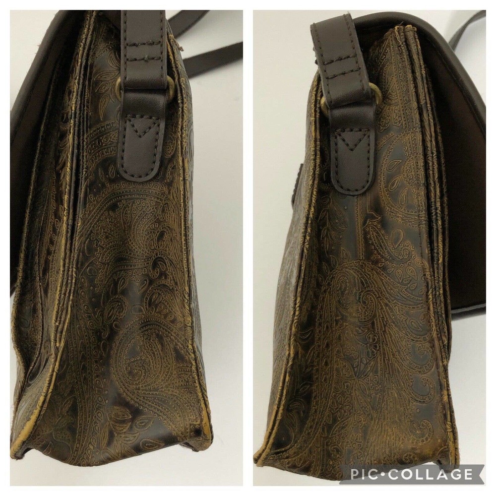 Vintage Relic Brown Paisley Tooled Faux Leather Flap Front Crossbody Satchel Bag - Picture 8 of 12